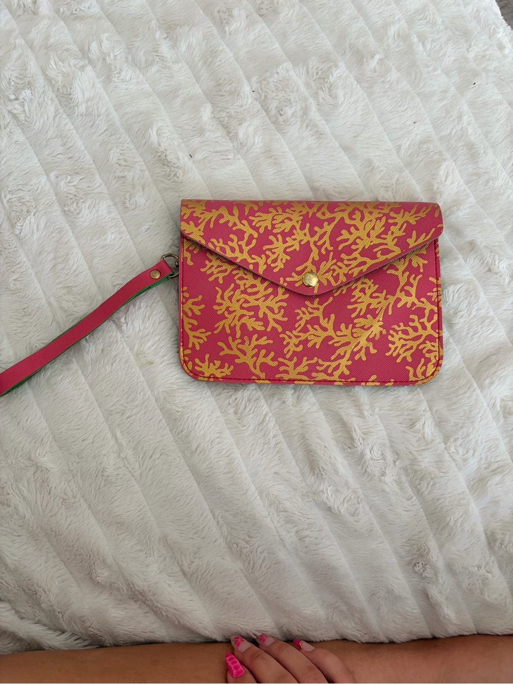 Pink Wristlet Clutch with Gold Coral Motif